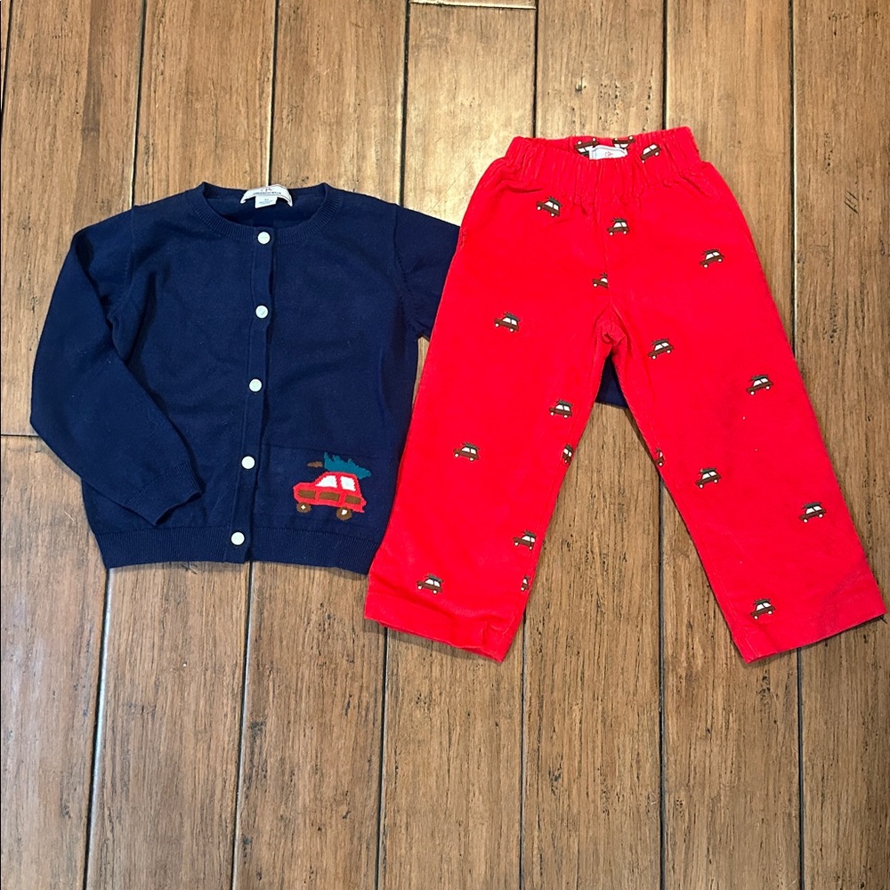 CPC Boys Holiday Tree Car Embroidered Red Corduroy Pants Navy Cardigan 3T Outfit